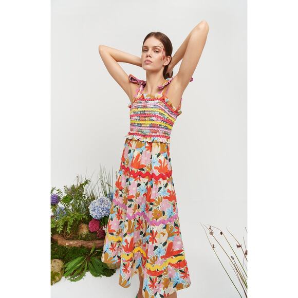 CeliaB Nilsa Floral Ric Rac Smocked Tie Strap Midi Dress Size Medium - Picture 1 of 12